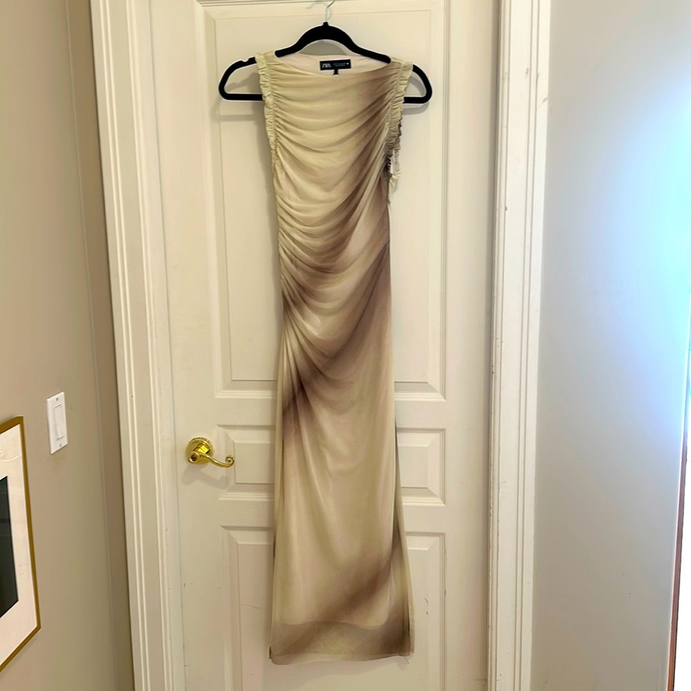 Zara mesh pale yellow/green/brown midi dress with ruffled detail